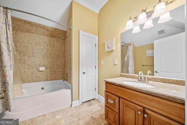 bathroom with vanity, lofted ceiling, shower / bathtub combination with curtain, and tile patterned floors