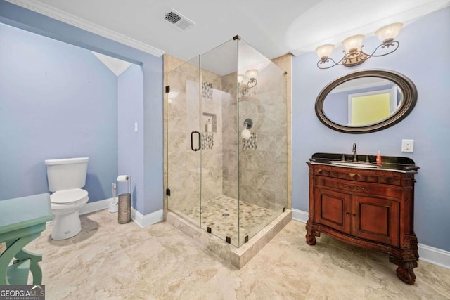 bathroom with walk in shower, ornamental molding, vanity, and toilet