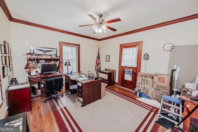 office space with light wood-type flooring, ceiling fan, and ornamental molding