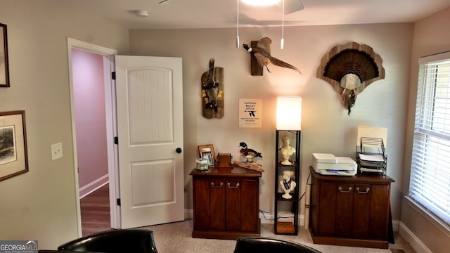 home office with a healthy amount of sunlight and ceiling fan