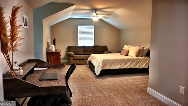 bedroom with carpet, ceiling fan, and vaulted ceiling