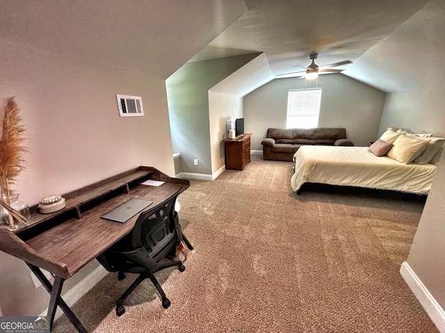 bedroom featuring lofted ceiling, ceiling fan, and light colored carpet