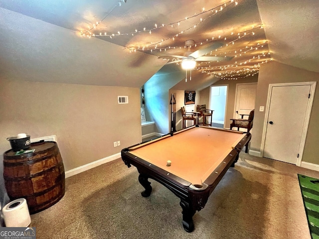 rec room with vaulted ceiling, a textured ceiling, pool table, and carpet flooring