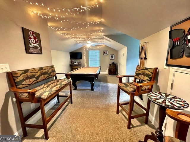 interior space with pool table and vaulted ceiling