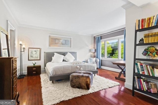 bedroom with crown molding and dark wood-type flooring