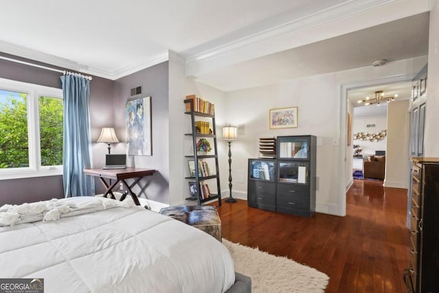 bedroom featuring dark hardwood / wood-style flooring and crown molding