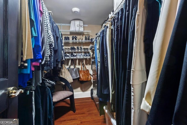 walk in closet with dark hardwood / wood-style floors