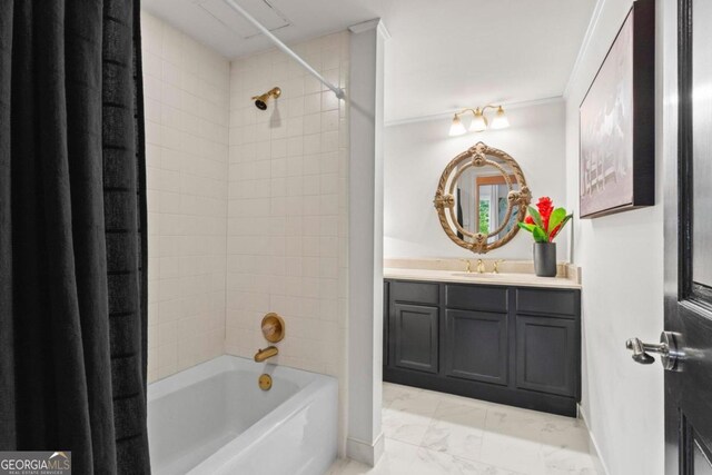 bathroom featuring vanity and shower / tub combo with curtain