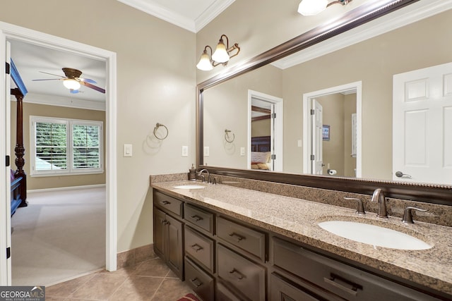 bathroom with ceiling fan, vanity, tile patterned flooring, and crown molding