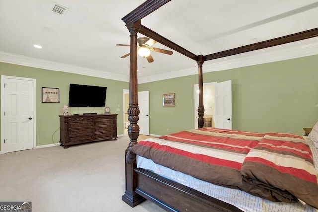 bedroom with ceiling fan, light colored carpet, and ornamental molding