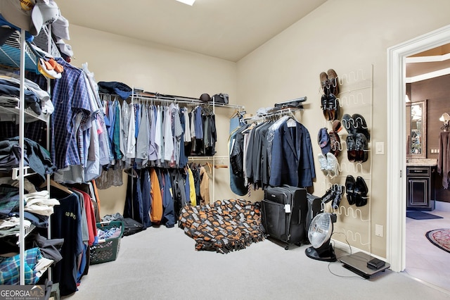 walk in closet featuring carpet flooring