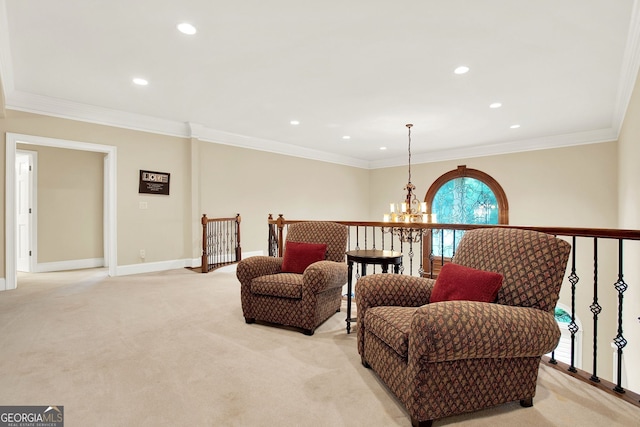 sitting room featuring light colored carpet, a notable chandelier, and ornamental molding