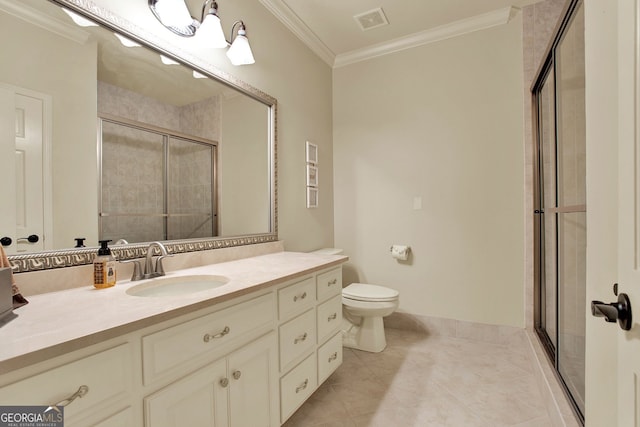 bathroom featuring walk in shower, vanity, tile patterned flooring, and ornamental molding