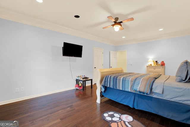 bedroom with ceiling fan, crown molding, and dark hardwood / wood-style floors