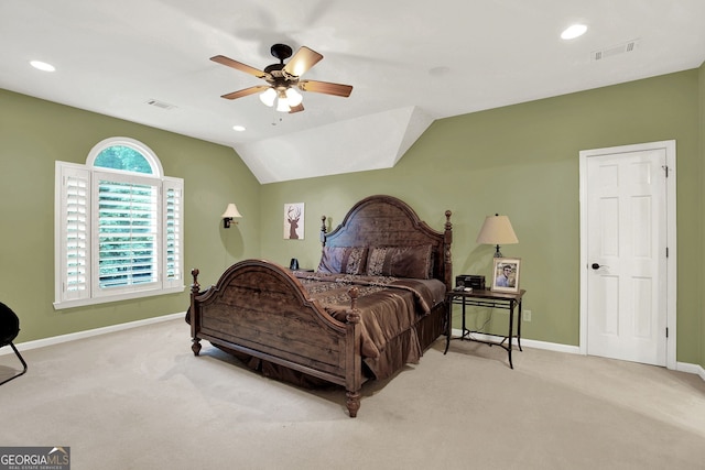 carpeted bedroom featuring ceiling fan and lofted ceiling