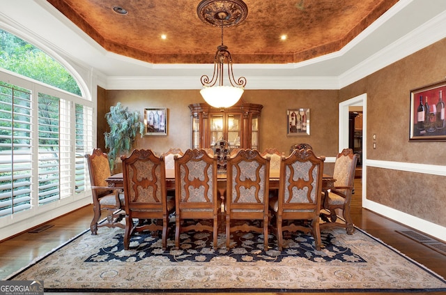 dining space with dark wood-type flooring, a tray ceiling, and a healthy amount of sunlight