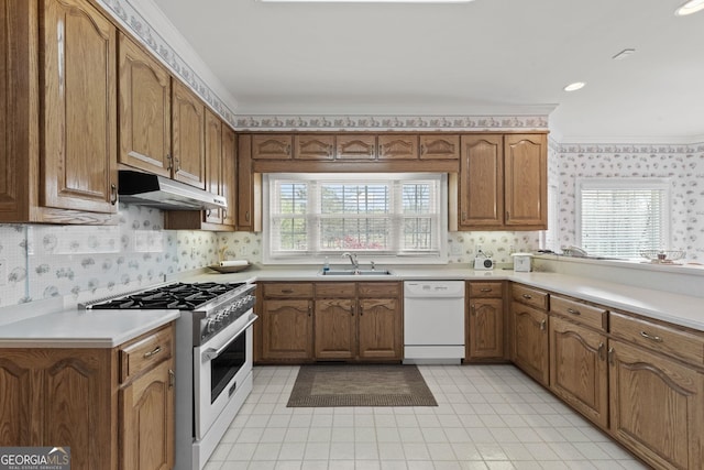 kitchen with white appliances, ornamental molding, sink, and a healthy amount of sunlight