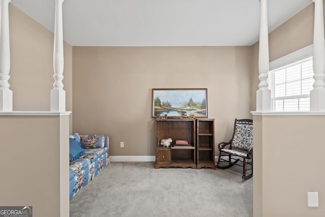 living area featuring light colored carpet