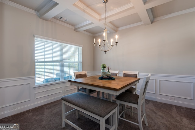 dining room with dark carpet, coffered ceiling, an inviting chandelier, and beam ceiling