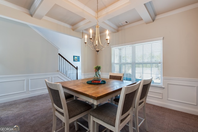 dining space featuring crown molding, beamed ceiling, and a notable chandelier