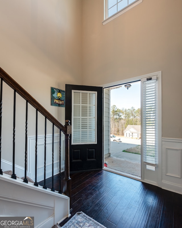 entrance foyer featuring a wealth of natural light, a high ceiling, and dark hardwood / wood-style flooring