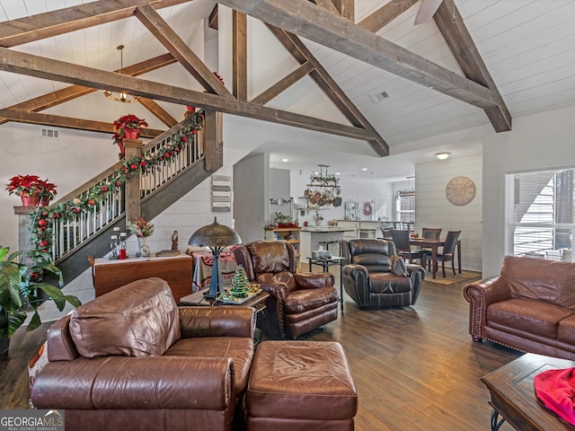 living room featuring wood ceiling, high vaulted ceiling, beamed ceiling, and wood-type flooring