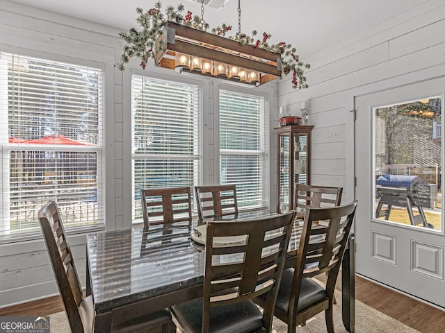 dining room with wood walls, wood-type flooring, and a wealth of natural light