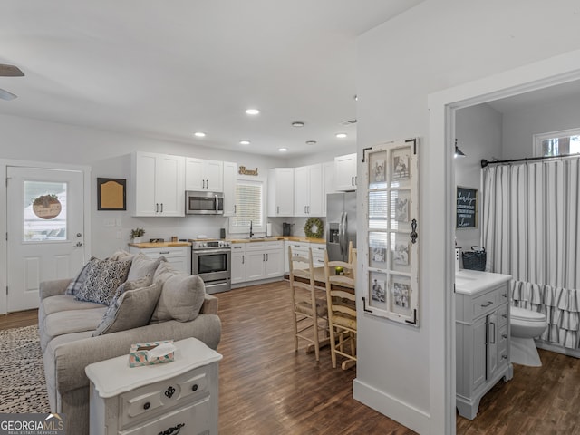 living room with dark hardwood / wood-style flooring and sink