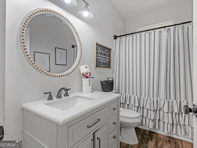 bathroom featuring vanity, toilet, wood-type flooring, and curtained shower