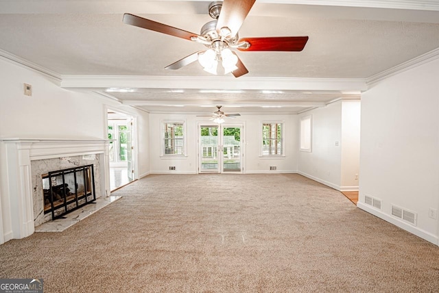 3060 Orchard Rd SW, Conyers, GA 30094 - unfurnished living room with crown molding, ceiling fan, carpet floors, and a fireplace