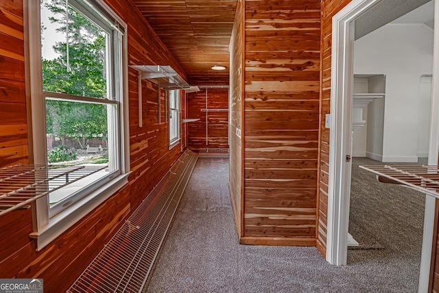 hall with carpet floors, wooden walls, and wooden ceiling