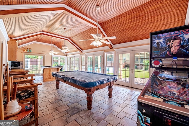 game room featuring vaulted ceiling, wooden ceiling, ceiling fan, french doors, and pool table