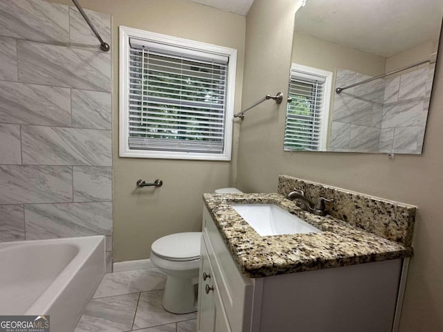 3188 Convair Ln, Decatur, GA 30032 - full bathroom featuring marble finish floor, toilet, vanity, baseboards, and shower / tub combination