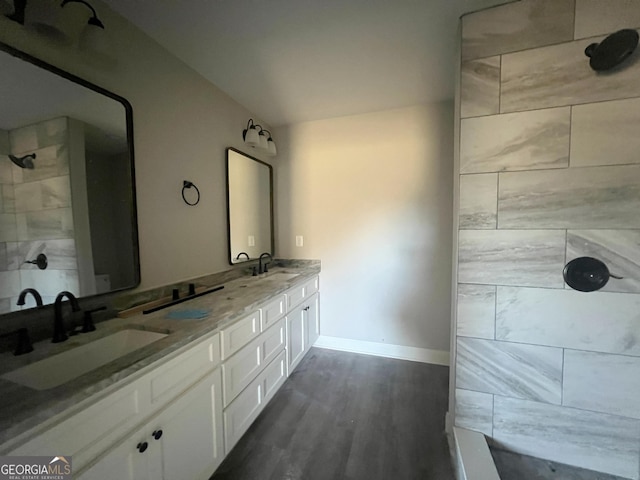 bathroom with hardwood / wood-style floors and vanity