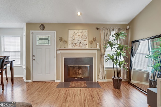 living room featuring hardwood / wood-style floors and a textured ceiling