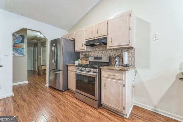 kitchen featuring light hardwood / wood-style flooring, vaulted ceiling, light stone countertops, decorative backsplash, and appliances with stainless steel finishes