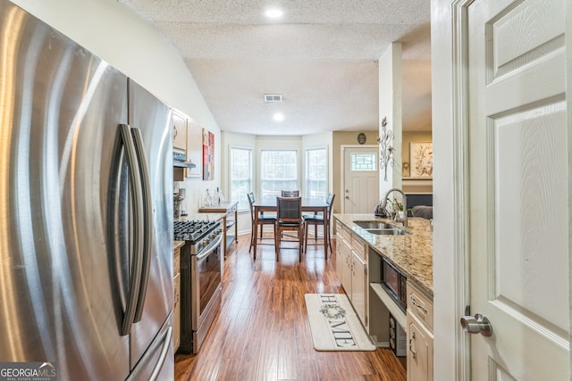 kitchen featuring light stone countertops, stainless steel appliances, dark hardwood / wood-style flooring, sink, and lofted ceiling