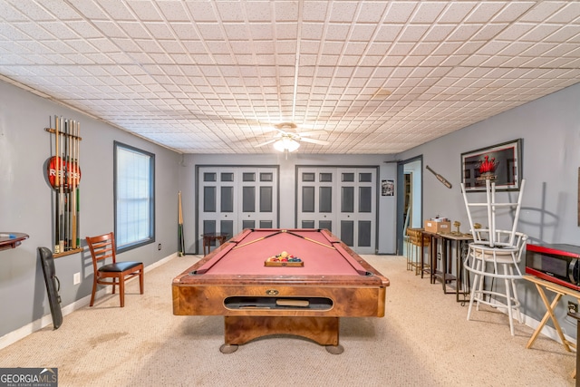 rec room with carpet flooring, pool table, and ceiling fan