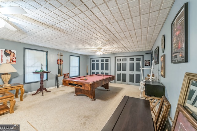 playroom featuring carpet flooring, ceiling fan, and pool table