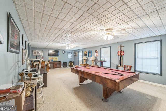 game room with pool table, ceiling fan, plenty of natural light, and carpet