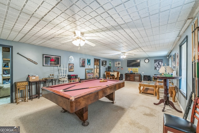 recreation room with billiards, ceiling fan, and carpet floors