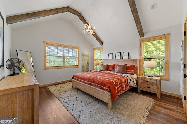 bedroom featuring beamed ceiling, dark hardwood / wood-style flooring, high vaulted ceiling, and a chandelier