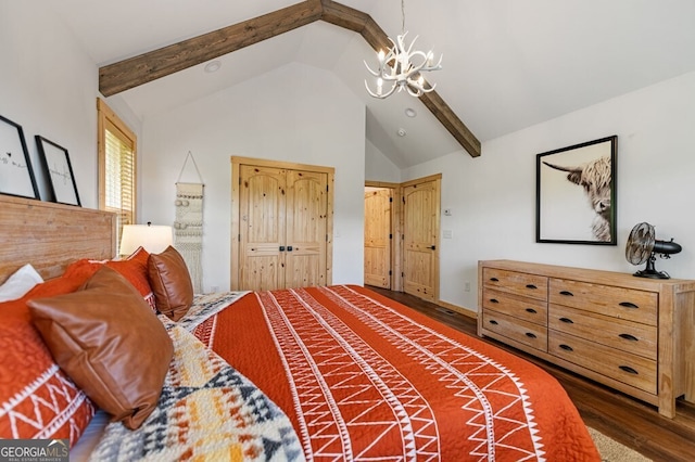 bedroom featuring vaulted ceiling with beams, an inviting chandelier, a closet, and dark wood-type flooring