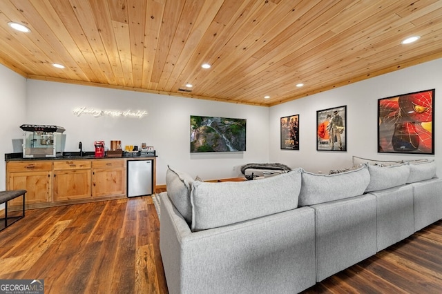 living room with wooden ceiling, dark wood-type flooring, and wet bar