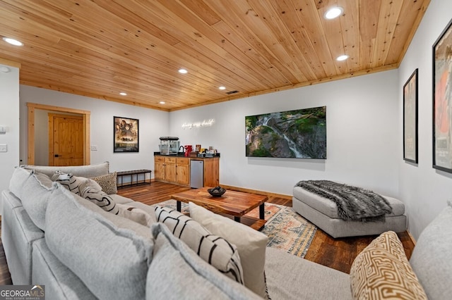 living room featuring hardwood / wood-style flooring and wooden ceiling