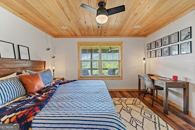 bedroom featuring ceiling fan, hardwood / wood-style floors, and wood ceiling