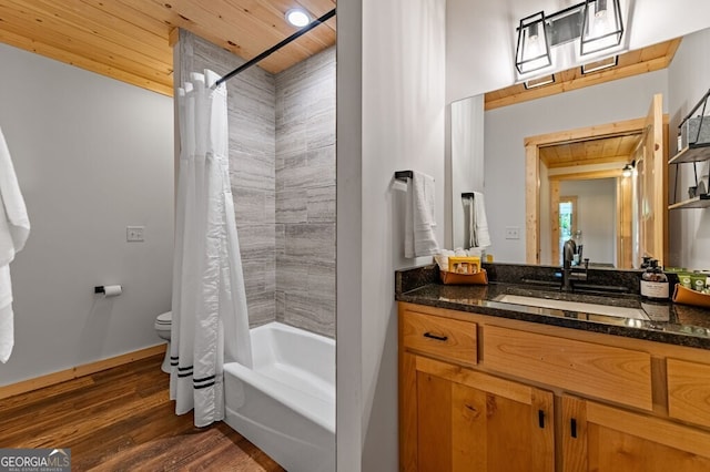 full bathroom with vanity, wooden ceiling, shower / bath combination with curtain, toilet, and wood-type flooring