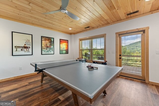 game room featuring wooden ceiling, dark hardwood / wood-style flooring, ceiling fan, and a healthy amount of sunlight