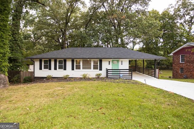 ranch-style house with a front lawn and covered porch