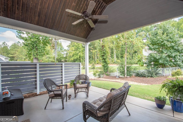 view of patio featuring ceiling fan and an outdoor living space